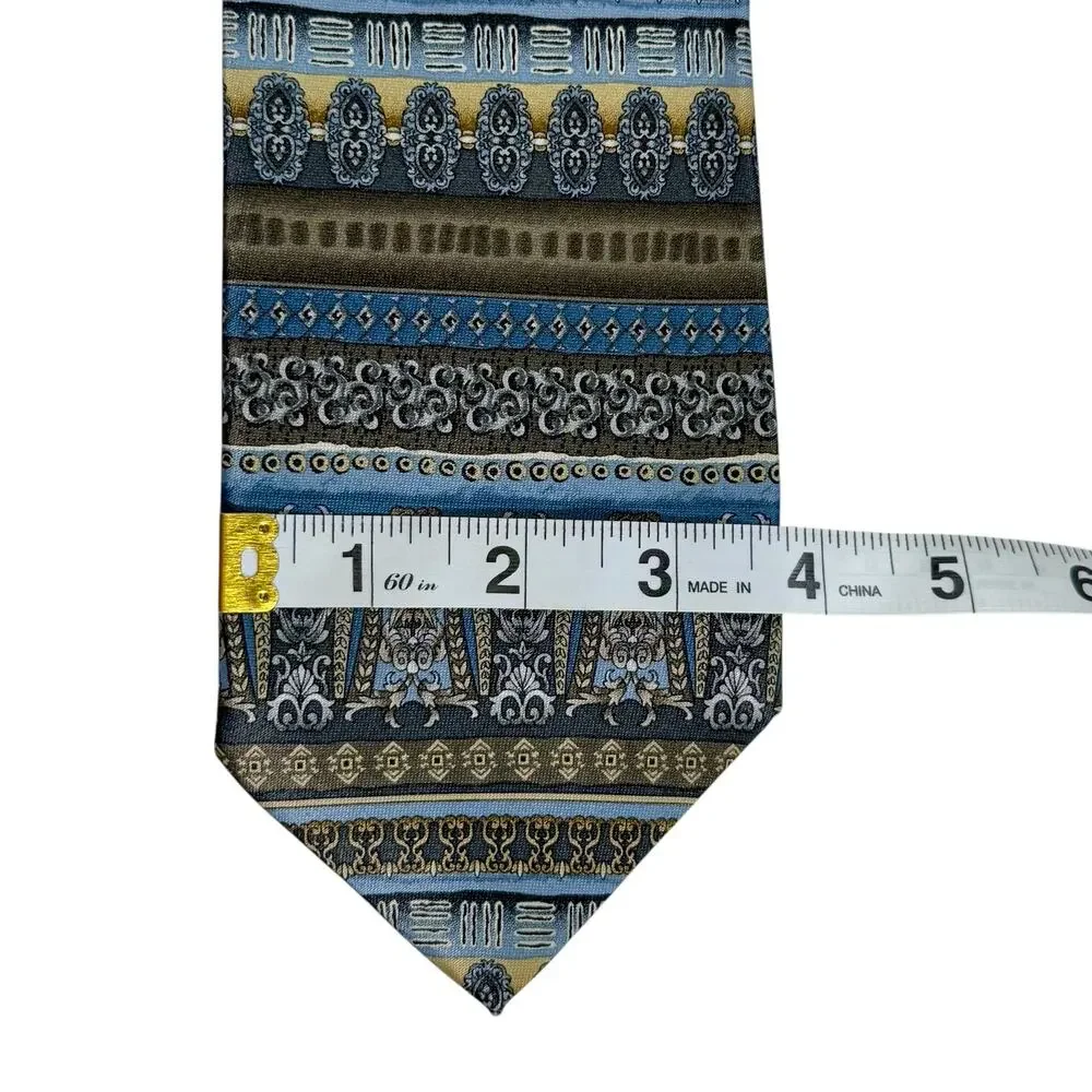 Rene Chagal Handmade Baroque Stripe Tie Blue Gray‎ Taupe Gold Ornate Classic